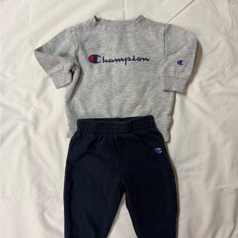 Champion Grey Sweatshirt and Navy Joggers